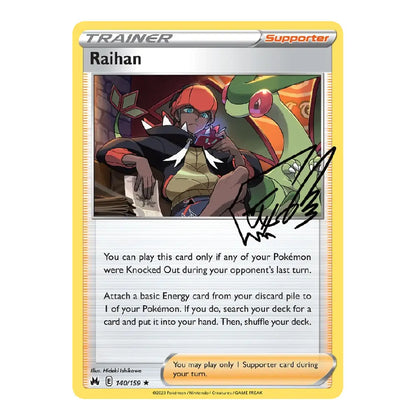 A single Pokémon trading card for Raihan, shown against a plain white background. The card has a yellow border, artwork of a trainer character, and a prominent black autograph printed across the lower-middle area.