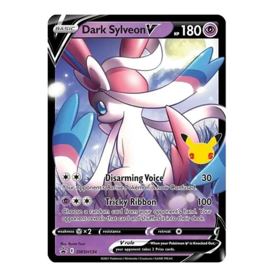 A single Pokémon trading card for Dark Sylveon V, shown against a plain white background. The card features artwork of a pink, white, and blue feline Pokémon with a small Pikachu graphic, and visible text including 'BASIC', 'Dark Sylveon V', 'HP 180', and move names like 'Disarming Voice' and 'Tricky Ribbon'.