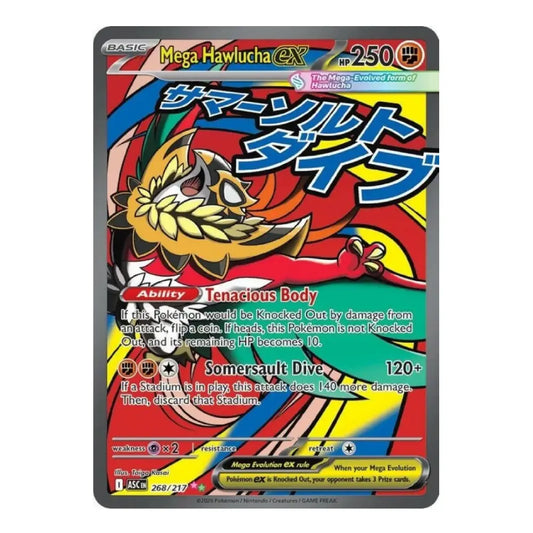 A single Pokémon trading card featuring Mega Hawlucha EX, shown flat against a plain white background. The card has a dark gray border and colorful artwork with red, yellow, blue, black, and green areas, plus visible text and game-related details.