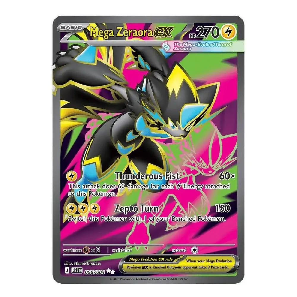 A single Pokémon trading card featuring Mega Zeraora EX from the Scarlet & Violet expansion. The card has a dark gray border, with artwork of Mega Zeraora in black, yellow, and blue against a bright pink and green background.