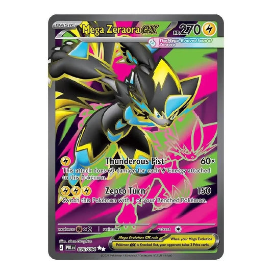 A single Pokémon trading card featuring Mega Zeraora EX from the Scarlet & Violet expansion. The card has a dark gray border, with artwork of Mega Zeraora in black, yellow, and blue against a bright pink and green background.