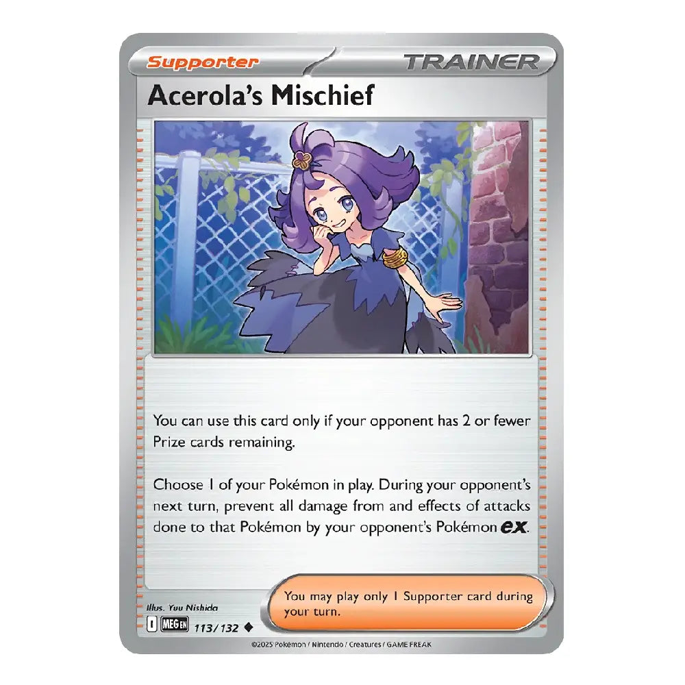 Acerola's Mischief Pokémon trading card, a Supporter Trainer card from the 2024 TCG season. The card features a silver border, an illustration of Acerola with purple hair, and rules text printed below the artwork.