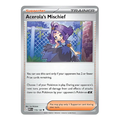 Acerola's Mischief Pokémon trading card, a Supporter Trainer card from the 2024 TCG season. The card features a silver border, an illustration of Acerola with purple hair, and rules text printed below the artwork.
