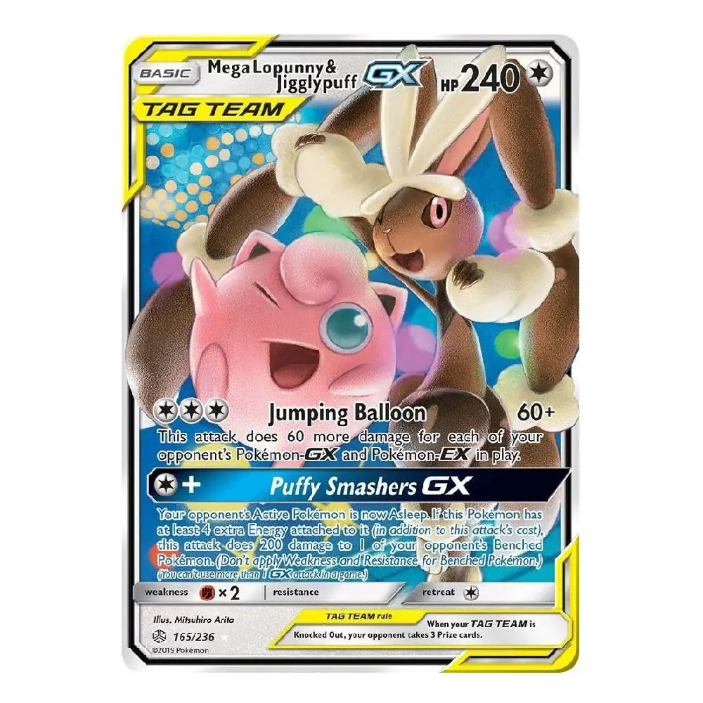 A Pokémon trading card featuring Mega Lopunny and Jigglypuff, with a black border, colorful artwork, and yellow and blue text accents. The card is centered on a plain white background.