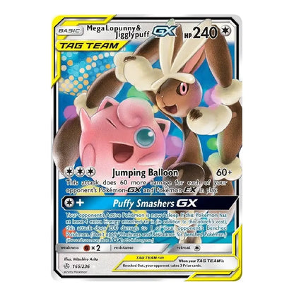 A Pokémon trading card featuring Mega Lopunny and Jigglypuff, with a black border, colorful artwork, and yellow and blue text accents. The card is centered on a plain white background.
