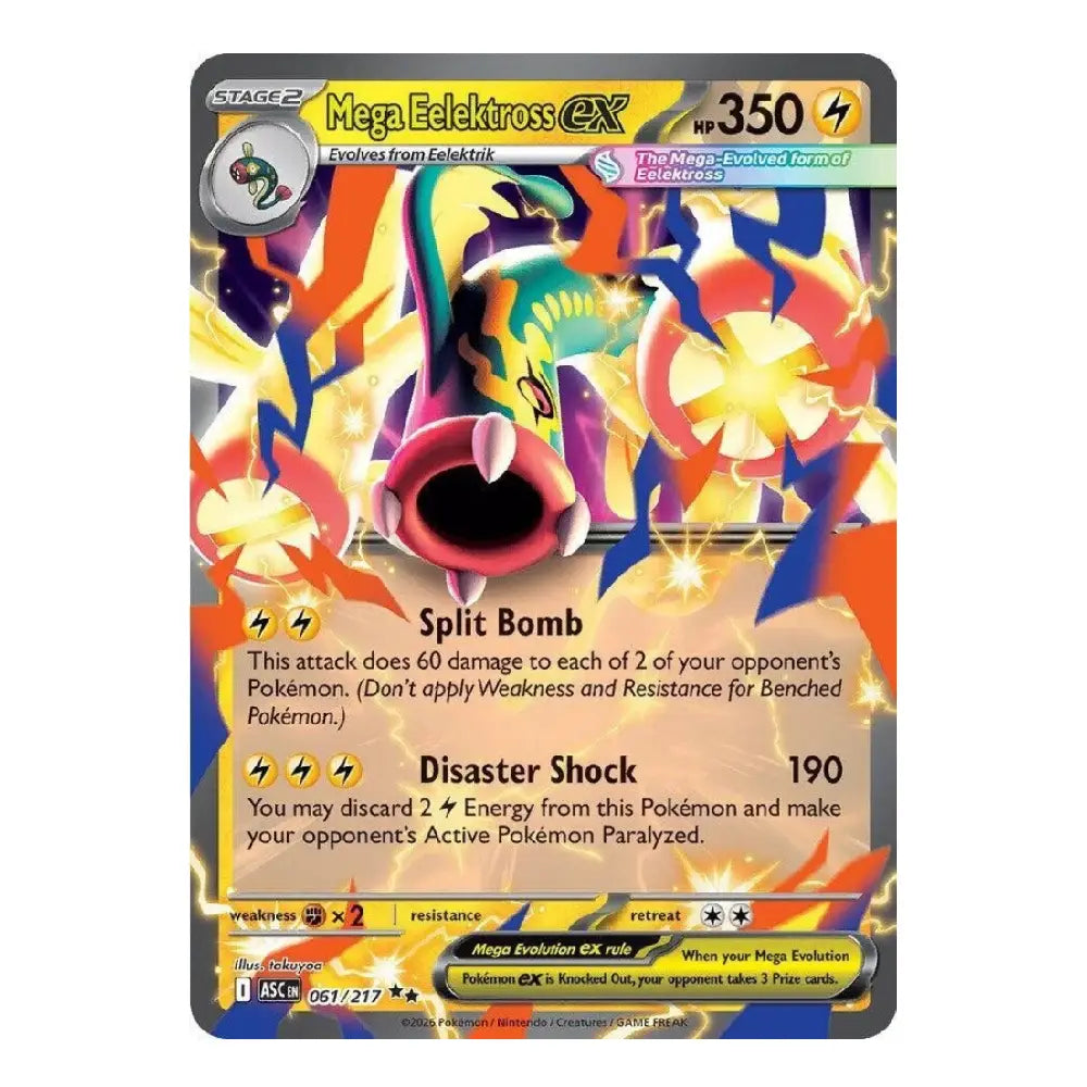 A single Pokémon trading card for Mega Elettross EX, shown flat against a plain white background. The card features colorful artwork of the electric bird, game text, and standard trading card layout with a dark border.