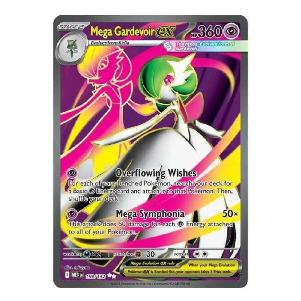 A single Pokémon trading card featuring Mega Gardevoir EX, shown against a plain white background. The card has a dark gray border and displays artwork with purple, pink, yellow, green, and white tones.
