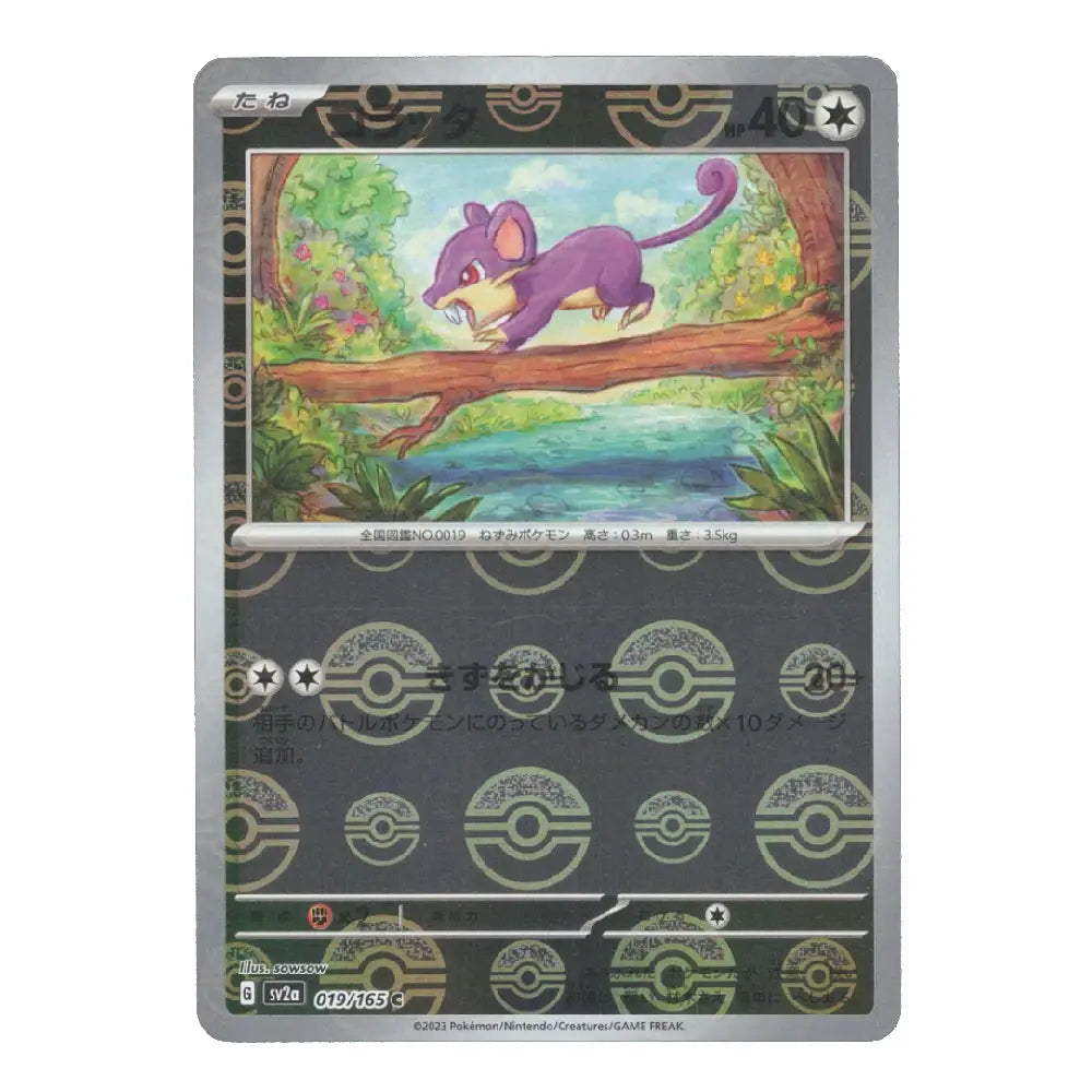 A Pokémon trading card featuring a purple mouse character on a tree branch in a forest scene, with Pokémon-themed graphics and Japanese text on a white background.