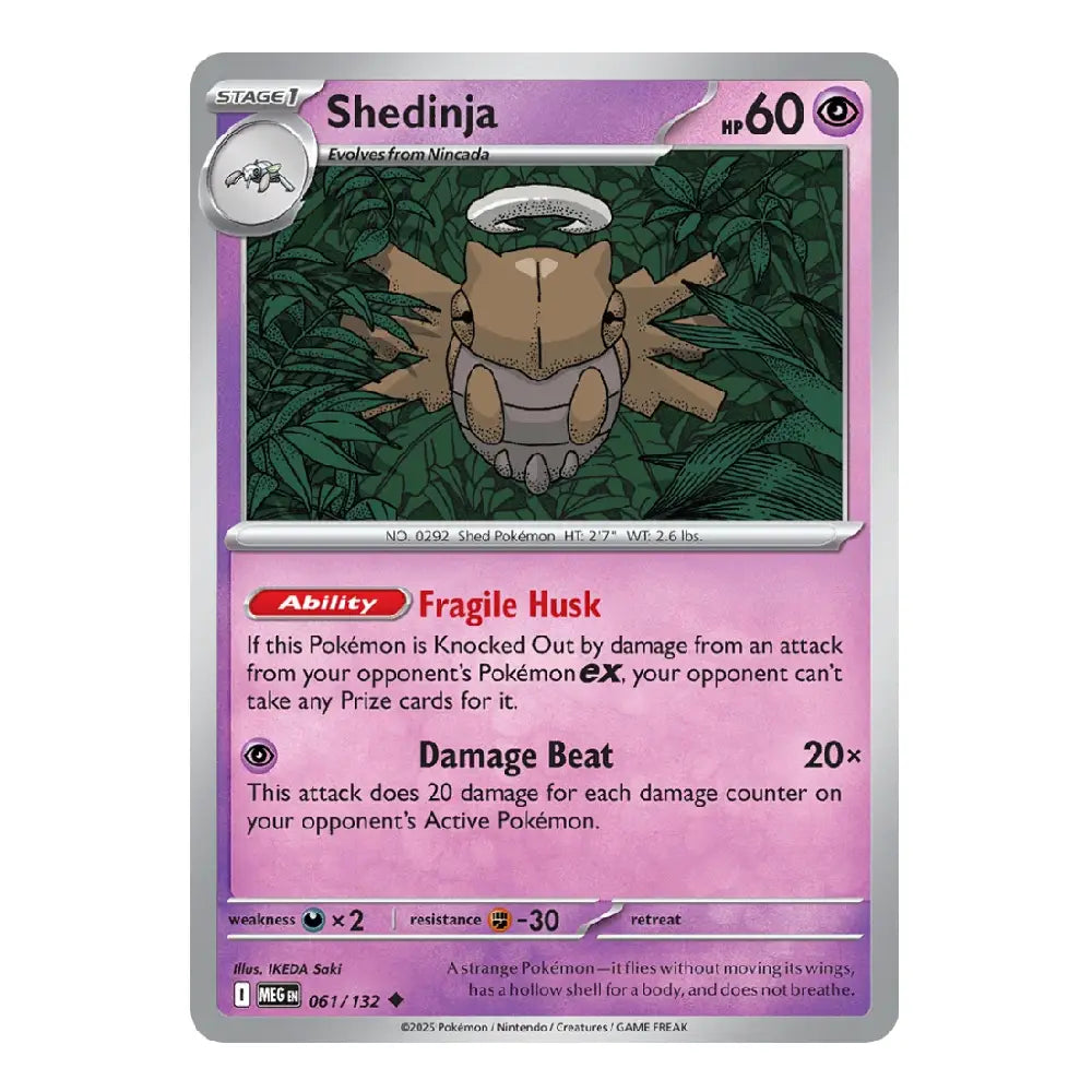 A single Pokémon trading card for Shedinja, a Stage 1 Pokémon from the 2014 TCG Reunion set. The card features a silver border, a pink-purple background, and artwork of a brown and beige husk-like creature in green foliage.