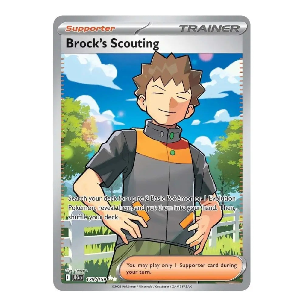 A single Pokémon trading card titled "Brock's Scouting" with a silver border and illustrated character Brock in an outdoor scene. The card includes Supporter/TRAINER labels and Pokémon branding.