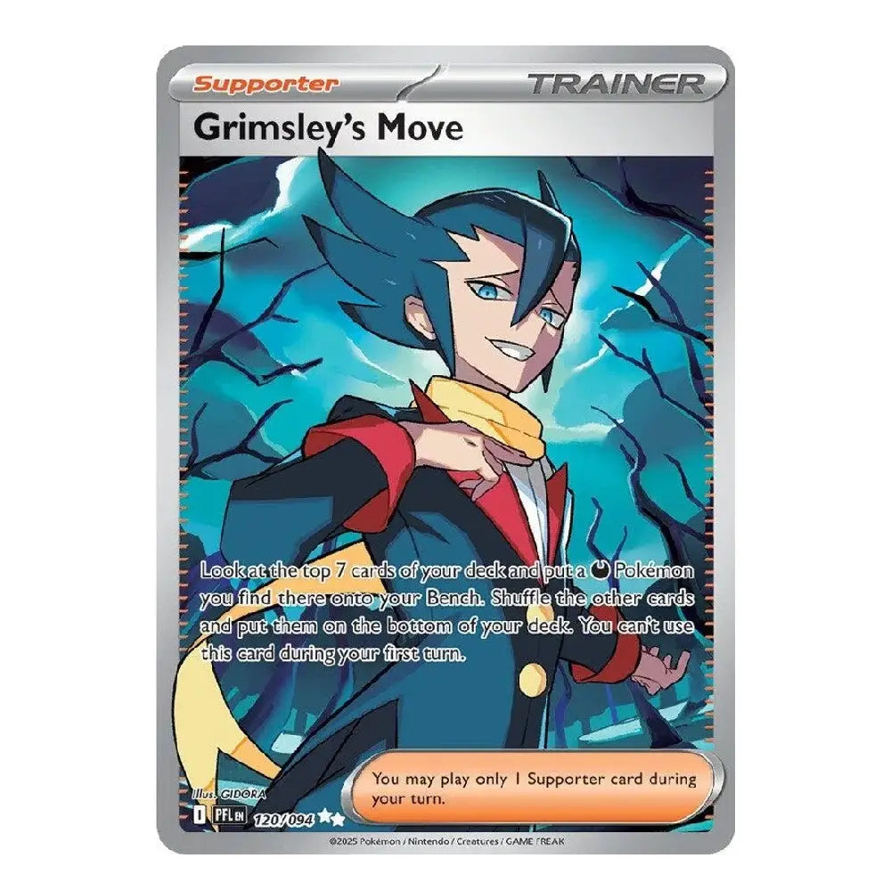 A Pokémon trading card titled "Grimsley's Move" shown against a plain white background. The card is a Trainer Supporter card featuring artwork of Grimsley with blue hair, a red and black outfit, and a yellow scarf, set against a dark blue stormy background with bare tree branches.