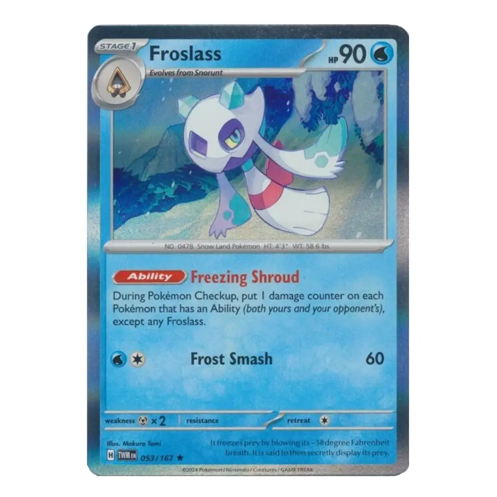 A holographic Pokémon trading card featuring Froslass, a Stage 1 Ice-type Pokémon. The card has a blue gradient background with the character's illustration, its abilities, and attack text, and is set against a plain white background.
