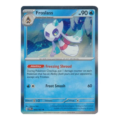 A holographic Pokémon trading card featuring Froslass, a Stage 1 Ice-type Pokémon. The card has a blue gradient background with the character's illustration, its abilities, and attack text, and is set against a plain white background.