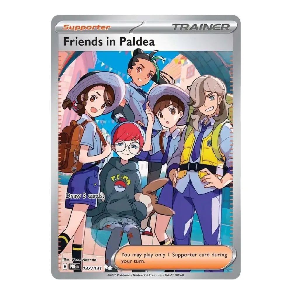 A Pokémon Trading Card Game booster card featuring the character Friends in Paldea, with illustrated anime characters on the front and a silver border.