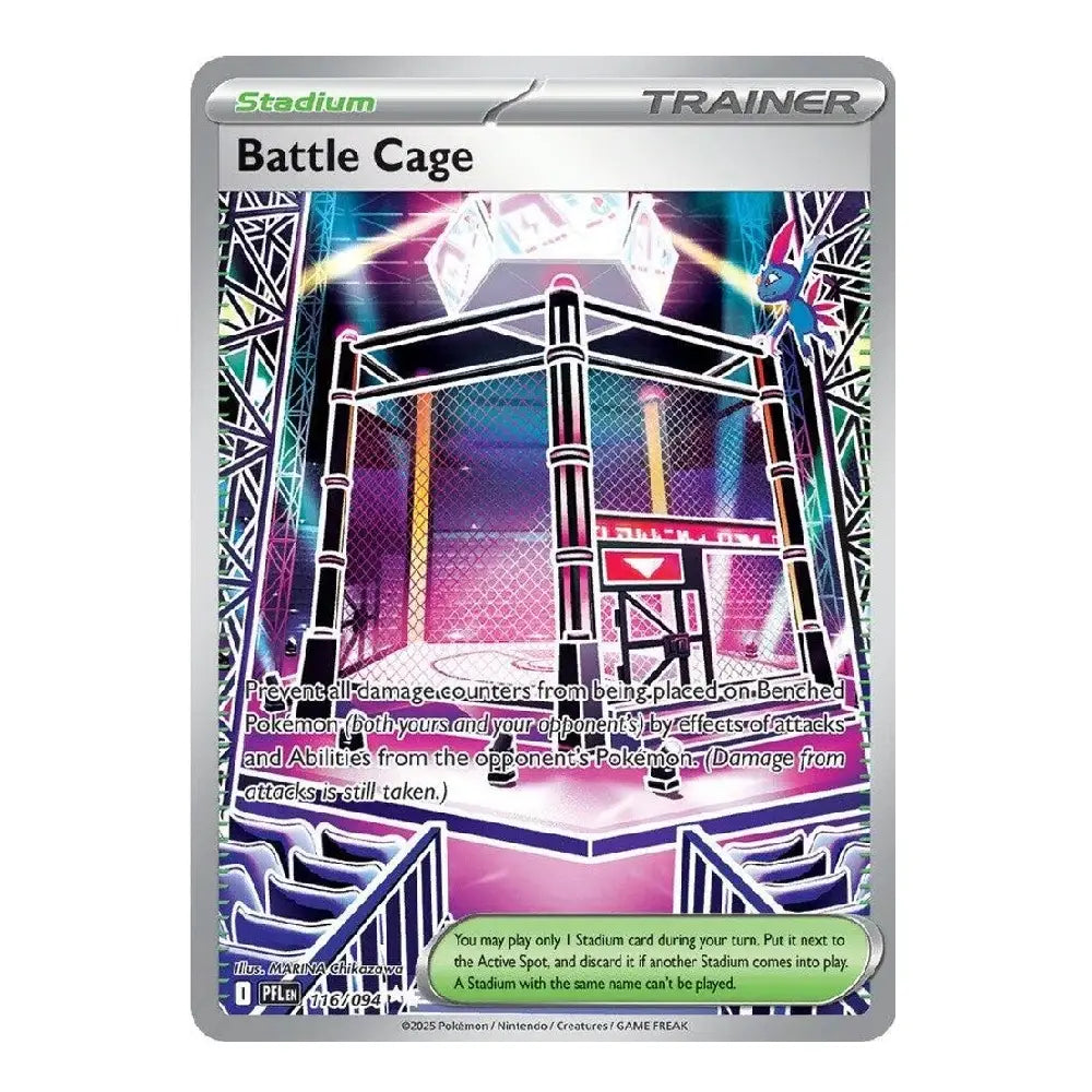 A single Pokémon TCG trading card for Battle Cage, a Stadium Trainer card from the 2024 TCG Relegated Tiers. The card features a colorful graphic of a boxing cage with a blue rabbit mascot and rules text.