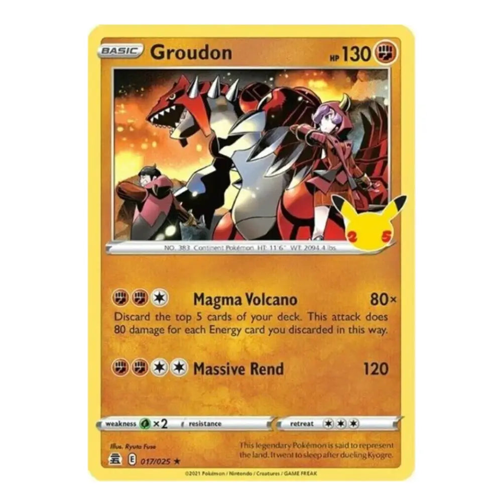 A Pokémon trading card for Groudon from the Basic set, featuring a yellow border, orange gradient background, and artwork of Groudon with a Pokémon badge on the right.