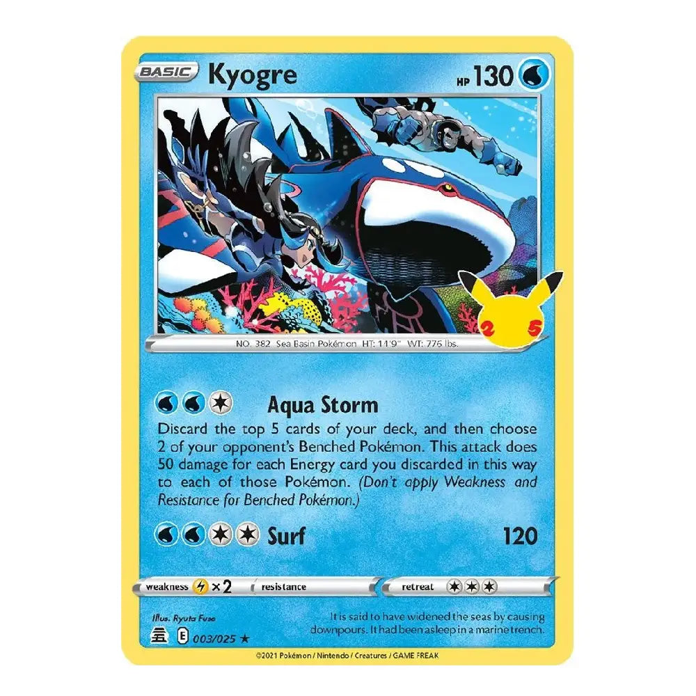 A single Pokémon trading card for Kyogre from the Basic set, shown against a plain white background. The card has a yellow border, blue text areas, and artwork of a large blue water deity with a pinkish face and dark horns.