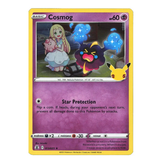 A single Pokémon trading card for Cosmog from the Basic Set, featuring a purple card face with a yellow border, artwork of Cosmog and a pink creature, and a small Pikachu icon in the top right.