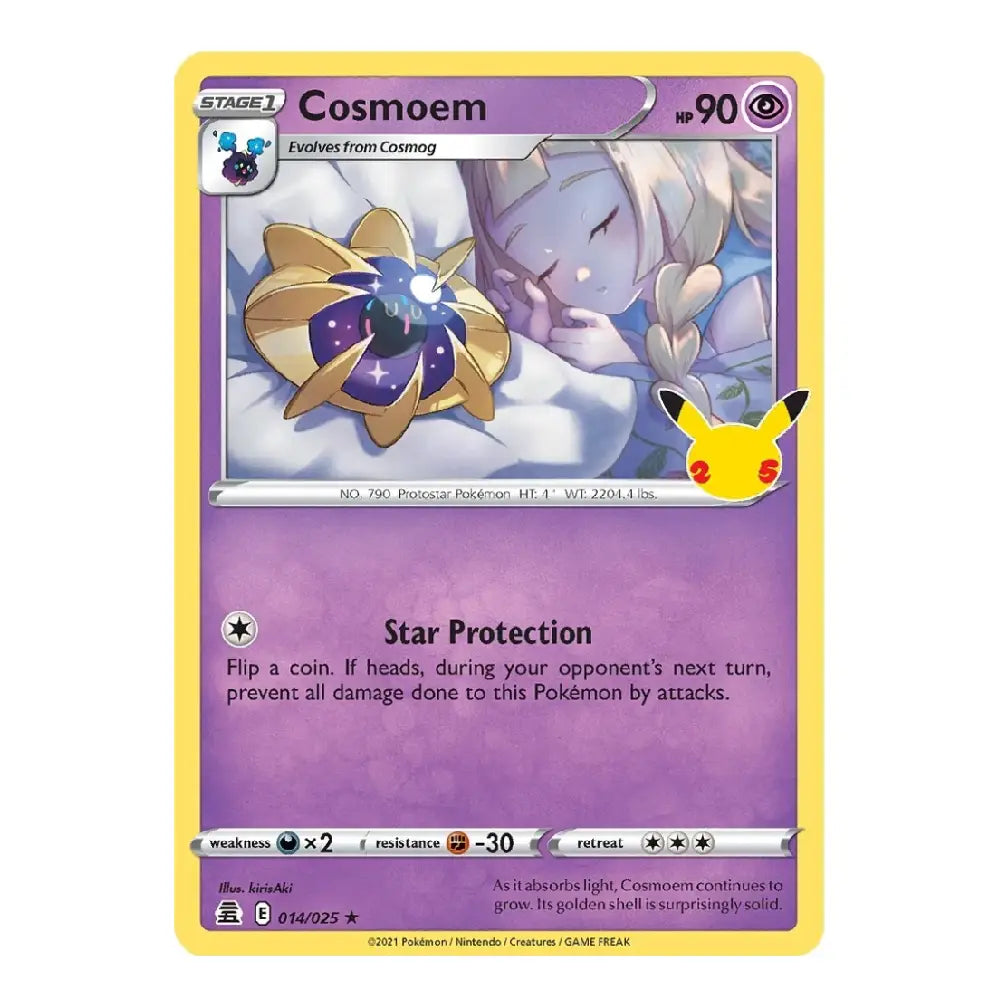 A single Pokémon trading card for Cosmoem, shown against a plain white background. The card has a yellow border, a purple gradient lower section, and artwork of a blue-and-white creature with a golden flower on its back.