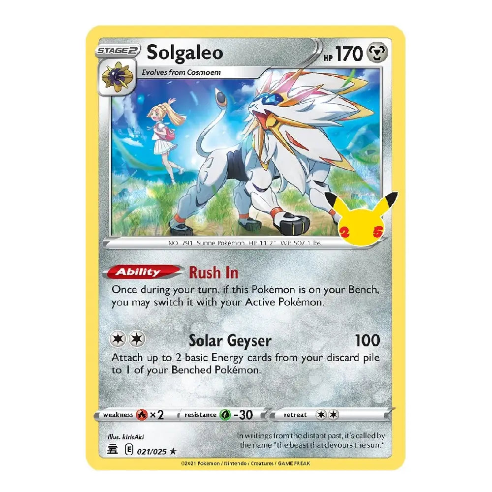 A single Pokémon trading card for Solgaleo, shown against a plain white background. The card has a yellow border, a character illustration of Solgaleo in the center, and text detailing its abilities and stats.