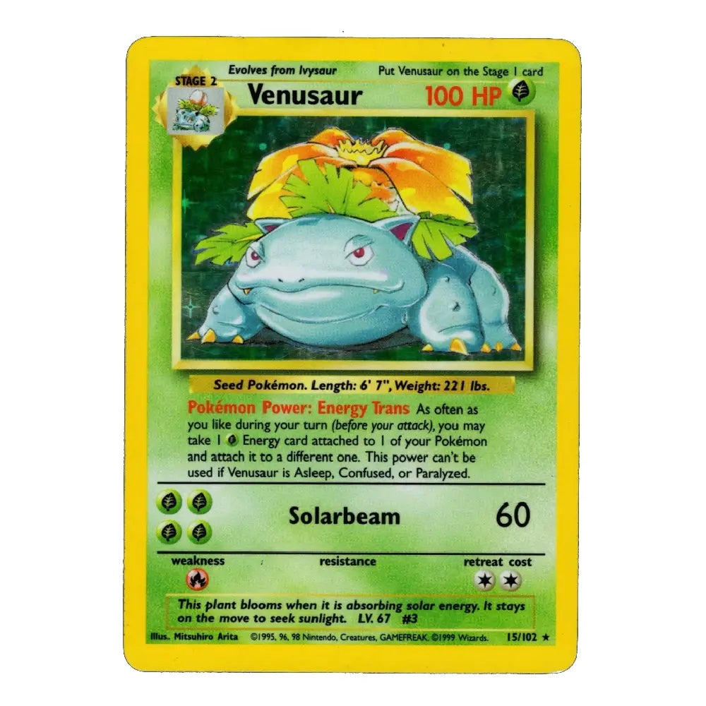 A vintage Pokémon Venusaur trading card with a bright yellow border, green background, and illustration of the plant-like character. The card shows 100 HP and the name Venusaur at the top.