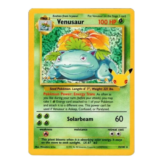 A vintage-style Venusaur Pokémon trading card centered on a plain white background. The card features a yellow border, green and beige artwork, and text including 'Venusaur' and 'Solarbeam'.