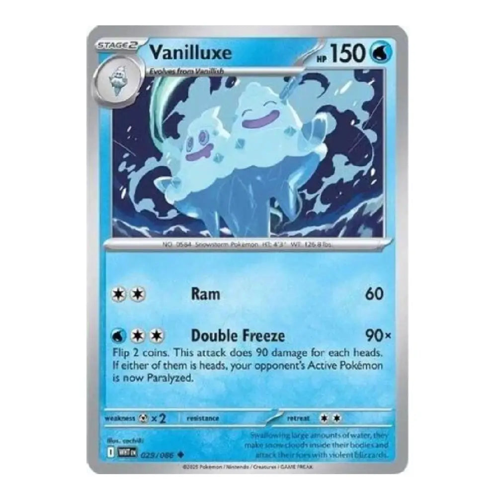 A single Pokémon trading card for Vanilluxe, shown against a plain white background. The card features blue and silver artwork with the character illustration and game text visible.