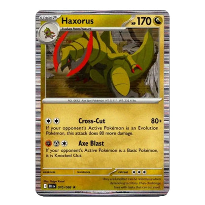 A holographic Pokémon trading card featuring Haxorus, a Stage 2 Evolving Skirmisher. The card has a gold-colored text box, a yellow-green illustration of the creature, and a silver-gray striped border.