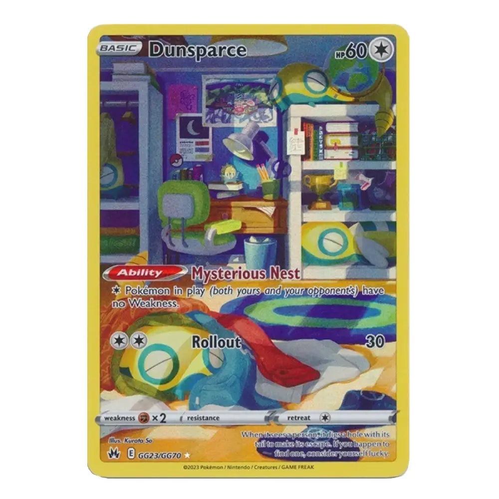 A single Pokémon trading card for Dunsparce from the Basic set, shown against a plain white background. The card features a yellow border and colorful artwork of a cozy nest interior with blue, green, purple, and orange tones.
