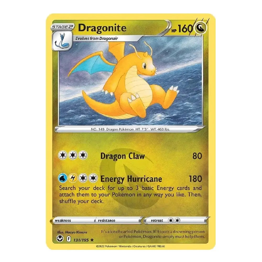 A single Pokémon trading card for Dragonite, shown flat against a plain white background. The card has a yellow border, a central illustration of the orange dragon with blue wings, and printed game text including 'Dragonite', 'hp 160', and 'Dragon Claw' and 'Energy Hurricane'.