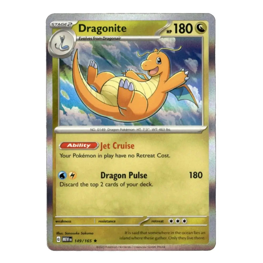 A holographic Pokémon trading card of Dragonite, featuring the orange dragon illustration on a gold and yellow card face with text details and a silver holographic border.
