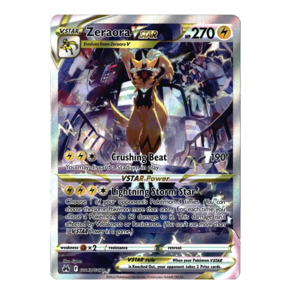 A holographic Pokémon trading card featuring Zeraora from the VSTAR expansion, with a purple and blue sci-fi city background and a gold-colored creature character.
