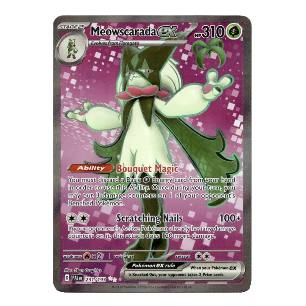 A single Pokémon trading card featuring Meowscarada EX, shown against a plain white background. The card has a pink and purple patterned design with an illustration of the Pokémon in green and cream tones.