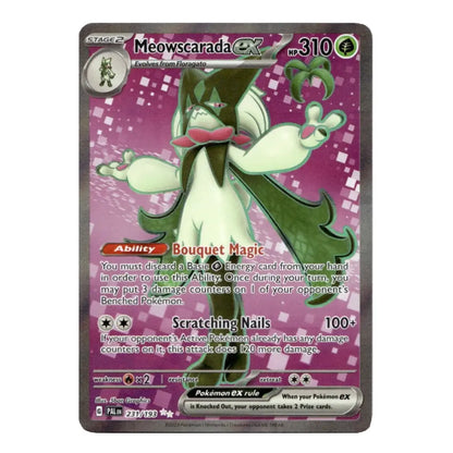 A single Pokémon trading card featuring Meowscarada EX, shown against a plain white background. The card has a pink and purple patterned design with an illustration of the Pokémon in green and cream tones.