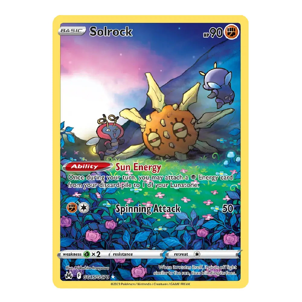 A single Pokémon trading card for Solrock, shown upright against a plain white background. The card has a yellow border, blue and purple artwork, and visible text including 'BASIC', 'Solrock', and 'sp 90'.