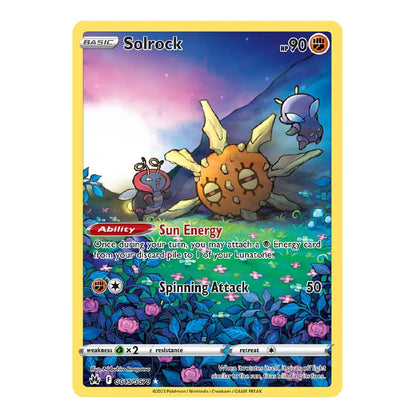 A single Pokémon trading card for Solrock, shown upright against a plain white background. The card has a yellow border, blue and purple artwork, and visible text including 'BASIC', 'Solrock', and 'sp 90'.