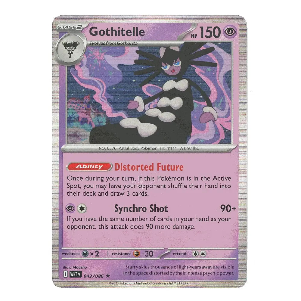 A holographic Pokémon trading card of Gothitelle from the 2016 XY Evolutions set, featuring a pink and purple design with a silver holographic border.