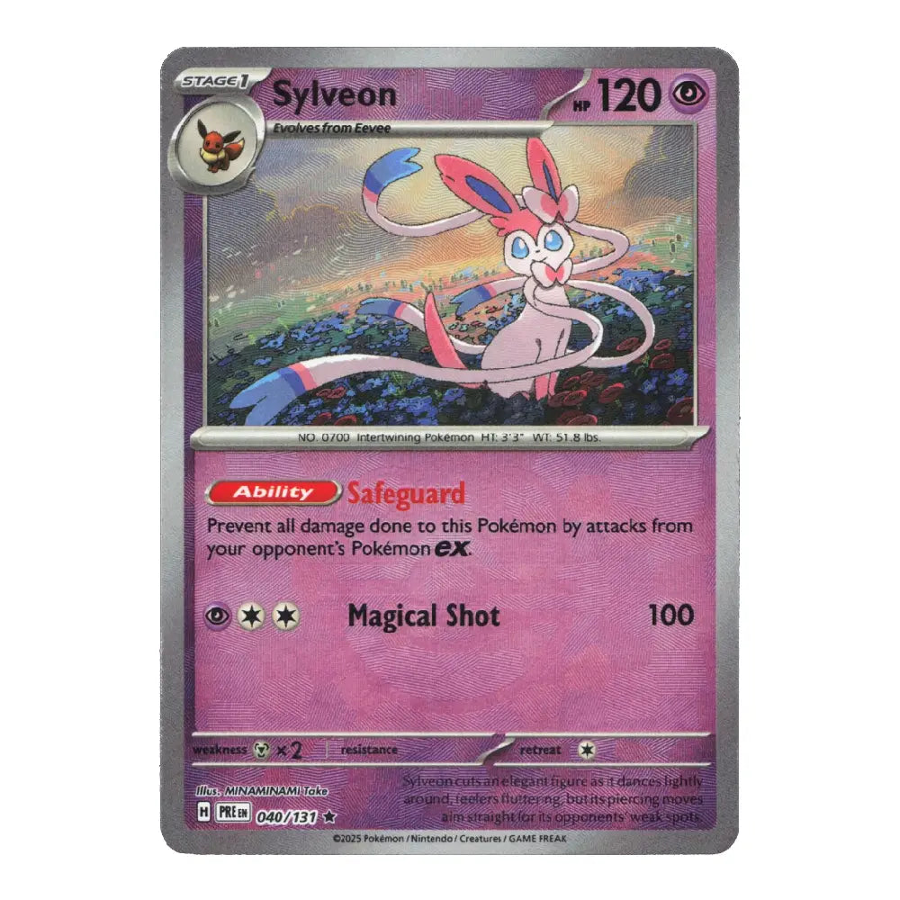 A single Pokémon trading card featuring Sylveon, a Stage 1 Pokémon. The card has a purple and pink color scheme with artwork of Sylveon in the center, and text detailing its abilities and stats.