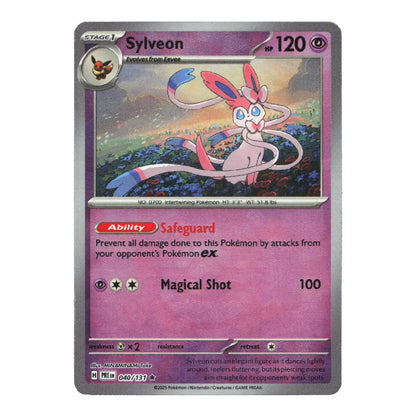 A single Pokémon trading card featuring Sylveon, a Stage 1 Pokémon. The card has a purple and pink color scheme with artwork of Sylveon in the center, and text detailing its abilities and stats.