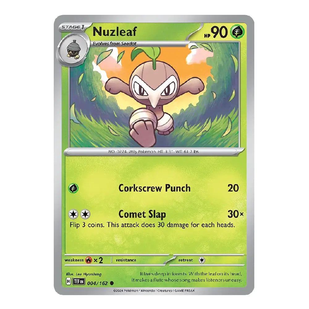 A single Pokémon trading card for Nuzleaf from the 2024 TCG Expansion Set, featuring a green and yellow-green card face with character artwork of Nuzleaf in a forest and attack text including Corkscrew Punch and Comet Slap.