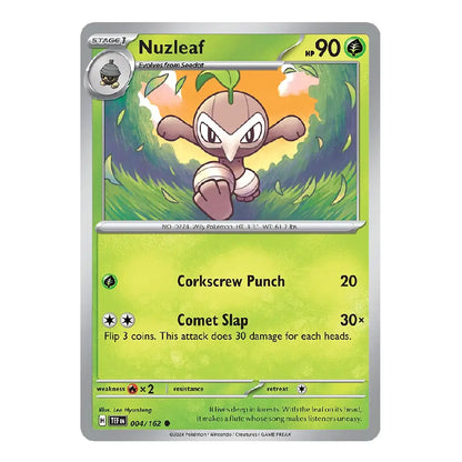 A single Pokémon trading card for Nuzleaf from the 2024 TCG Expansion Set, featuring a green and yellow-green card face with character artwork of Nuzleaf in a forest and attack text including Corkscrew Punch and Comet Slap.