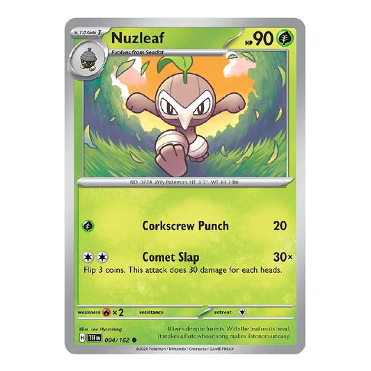 A single Pokémon trading card for Nuzleaf from the 2024 TCG Expansion Set, featuring a green and yellow-green card face with character artwork of Nuzleaf in a forest and attack text including Corkscrew Punch and Comet Slap.
