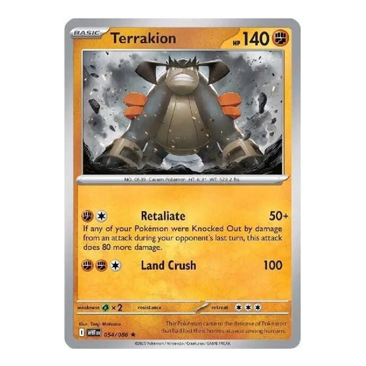 A single Pokémon trading card for Terrakion from the Basic set, featuring a silver border, orange-yellow card face, and artwork of the character in the center.