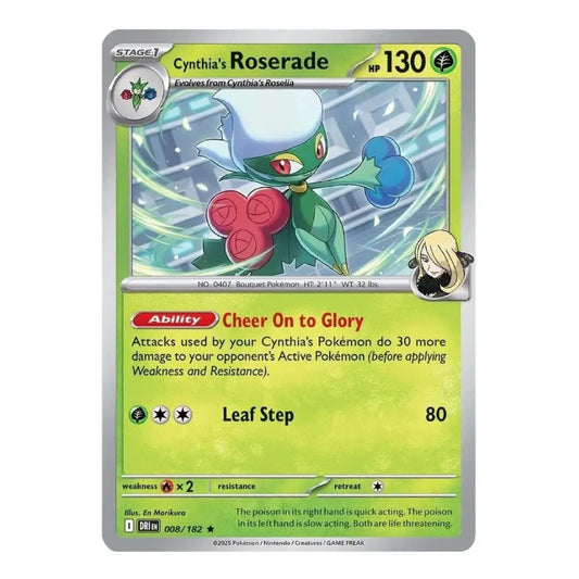 A single Pokémon trading card for Cynthia's Roserade, shown flat against a plain white background. The card features a green and yellow-green design with artwork of the character in the center and text detailing its abilities and stats.