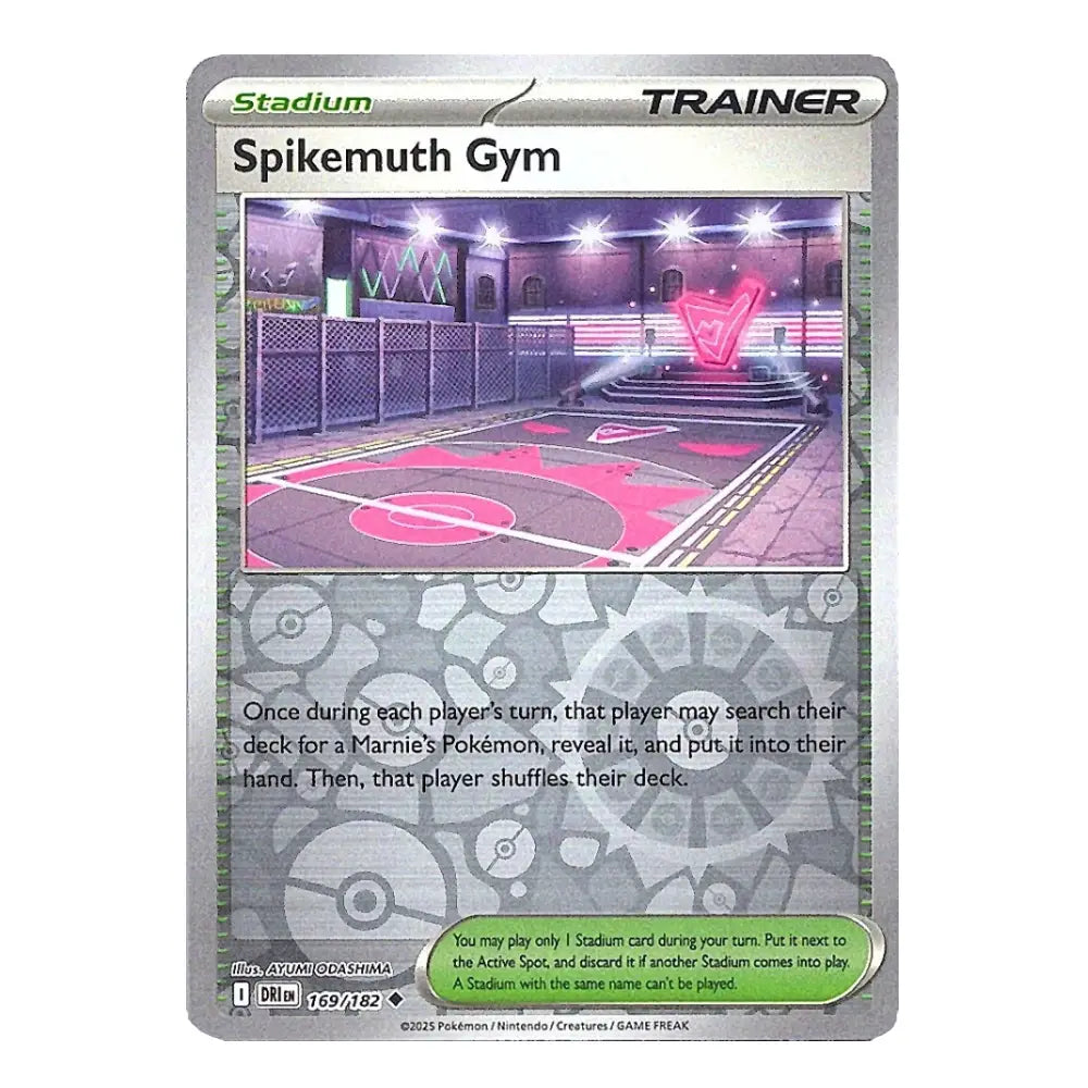 A Pokémon trading card for the Spikemuth Gym trainer card, featuring a silver border, a central illustration of a pink and gray gym interior, and card text detailing its effects.