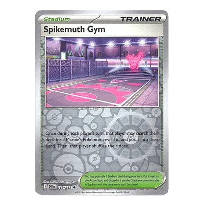 A Pokémon trading card for the Spikemuth Gym trainer card, featuring a silver border, a central illustration of a pink and gray gym interior, and card text detailing its effects.