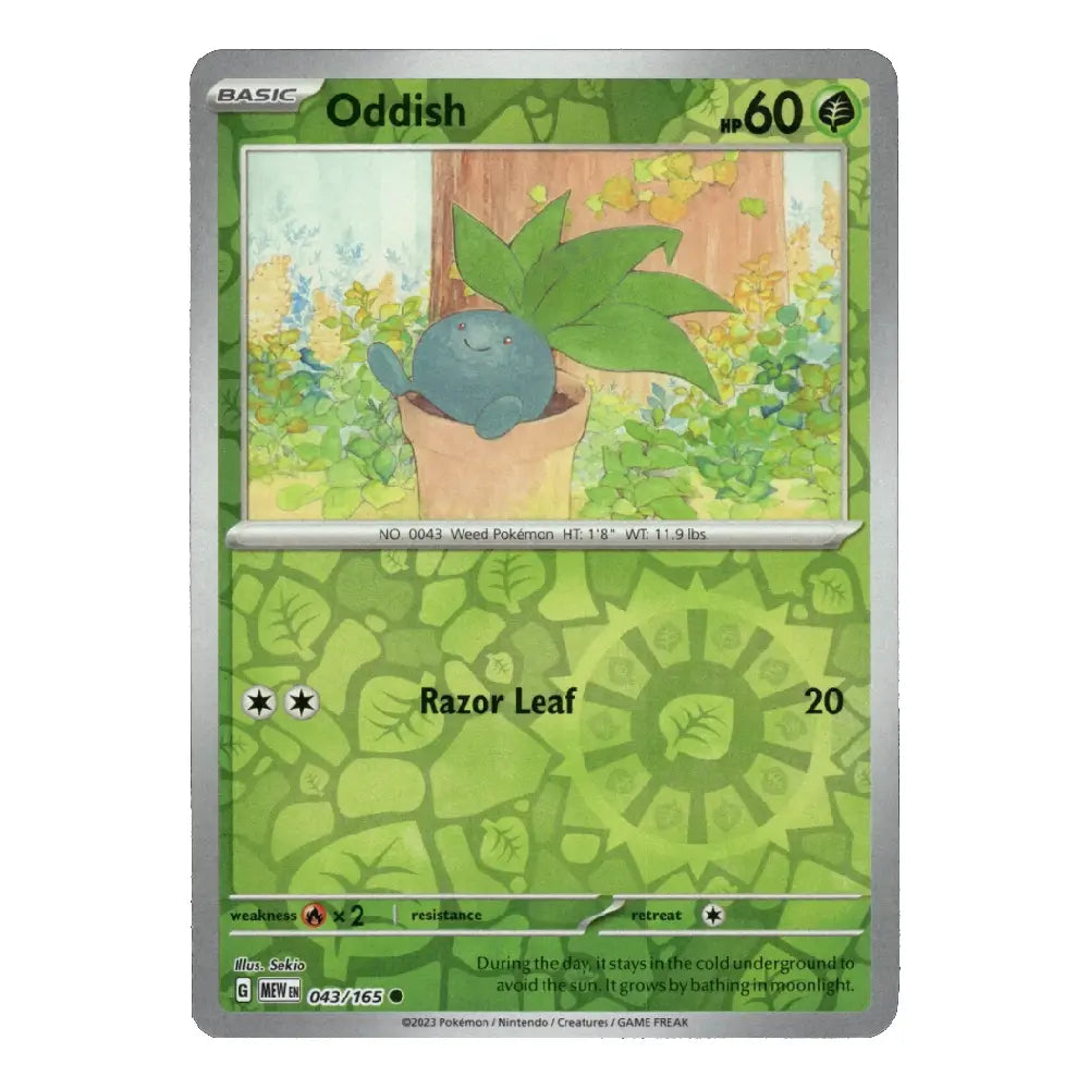 A single Pokémon trading card for Oddish, shown flat against a plain white background. The card has a green leaf-patterned design with a silver border and artwork of a blue oddish in a pot.