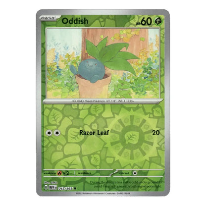 A single Pokémon trading card for Oddish, shown flat against a plain white background. The card has a green leaf-patterned design with a silver border and artwork of a blue oddish in a pot.