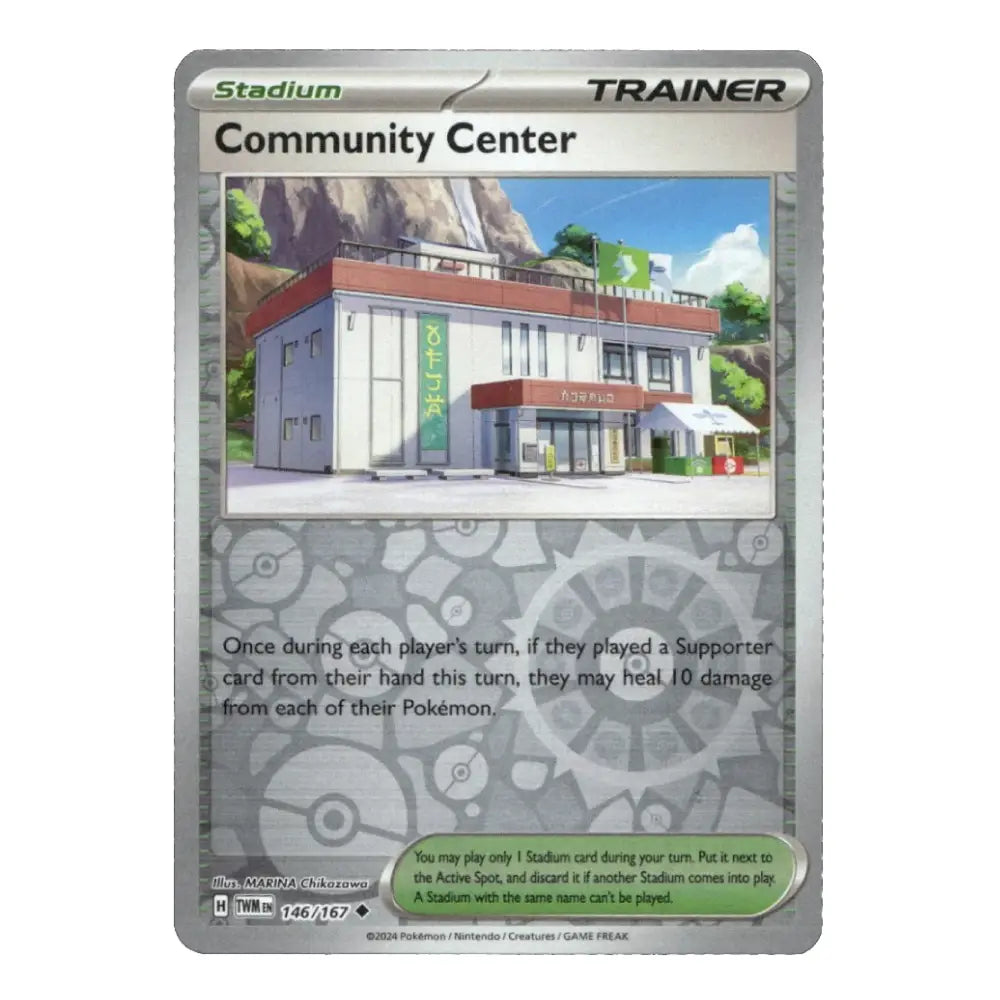 A Pokémon trading card for Community Center from the Stadium TCG, featuring artwork of the building and card text on a gray card face.