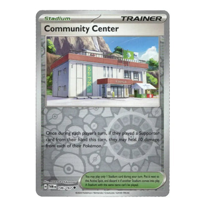 A Pokémon trading card for Community Center from the Stadium TCG, featuring artwork of the building and card text on a gray card face.